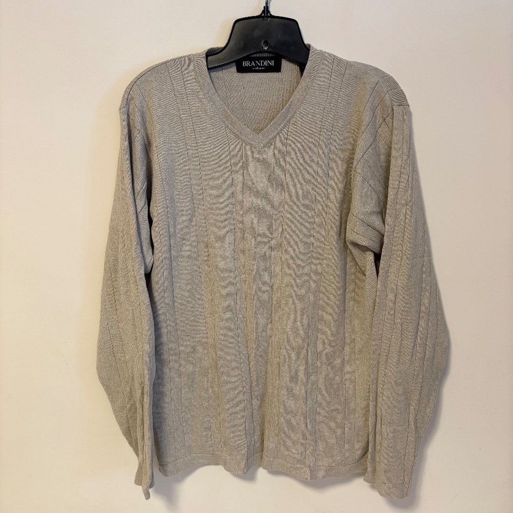 Brandini V Neck Long Sleeve Pullover Sweater Light Grey Tan Mens Size Medium